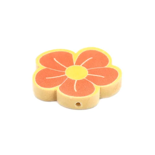 Flower Wood Beads, Printed, Yellow, Orange, 30mm