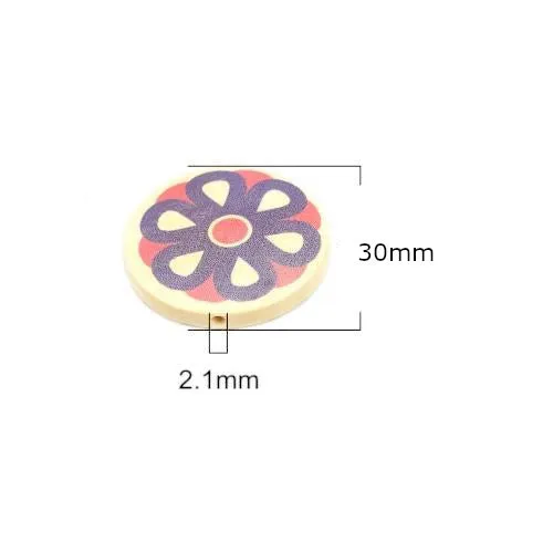 Flower Wood Beads, Round, Printed, Pink, Purple, 30mm