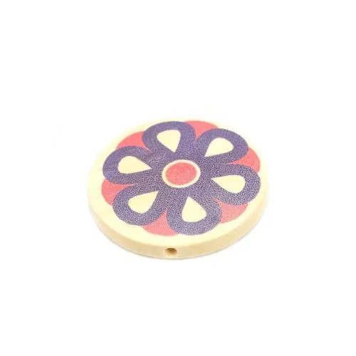 Flower Wood Beads, Round, Printed, Pink, Purple, 30mm