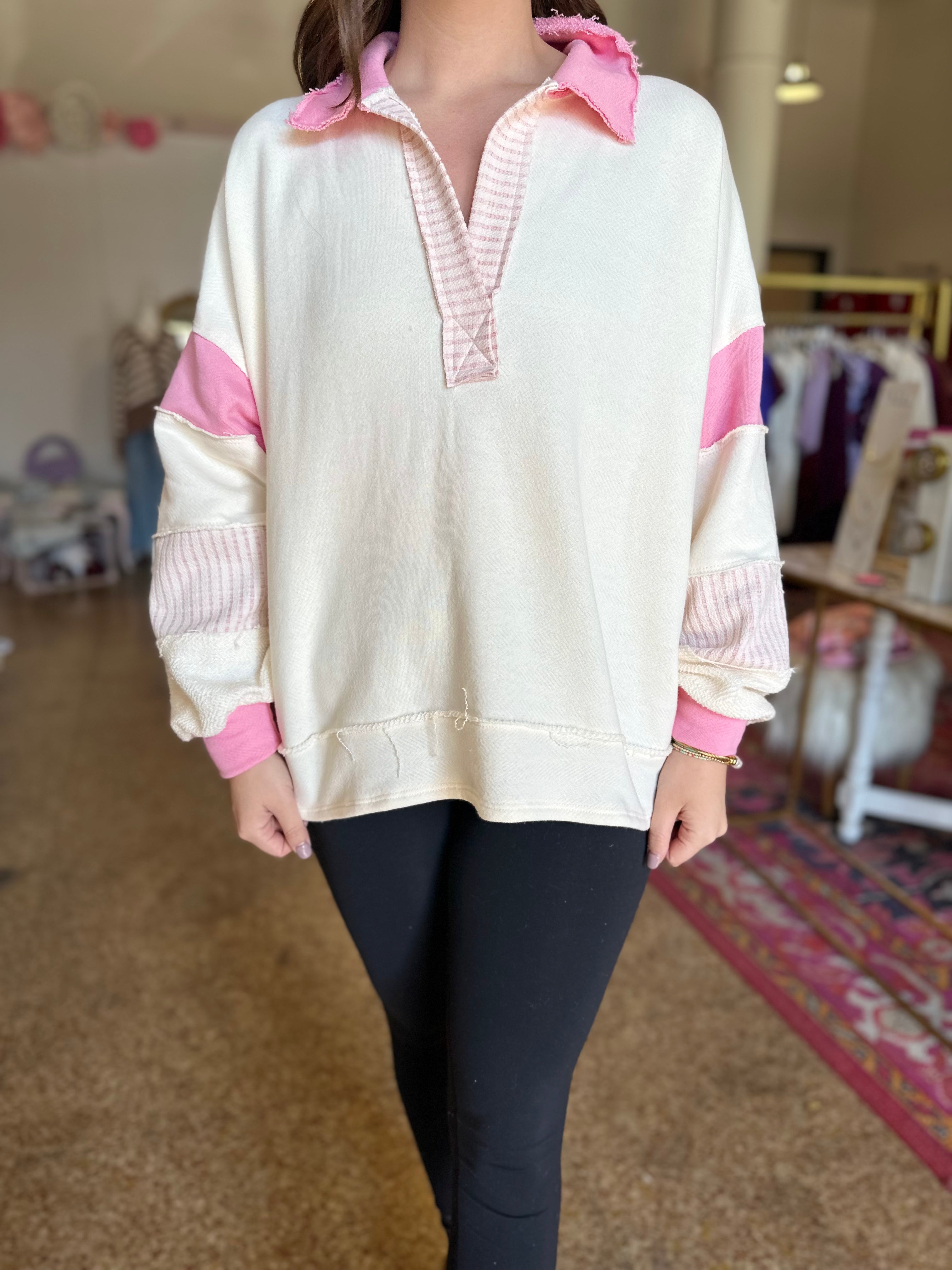 French Terry Knit Color-Block Collared Loose Fit Top- Ivory/Pink