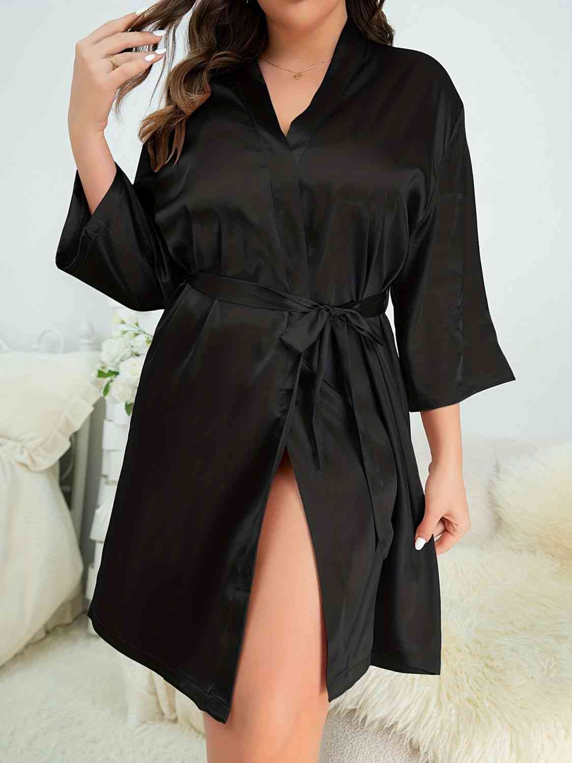 Full Size Surplice Neck Tie Waist Robe