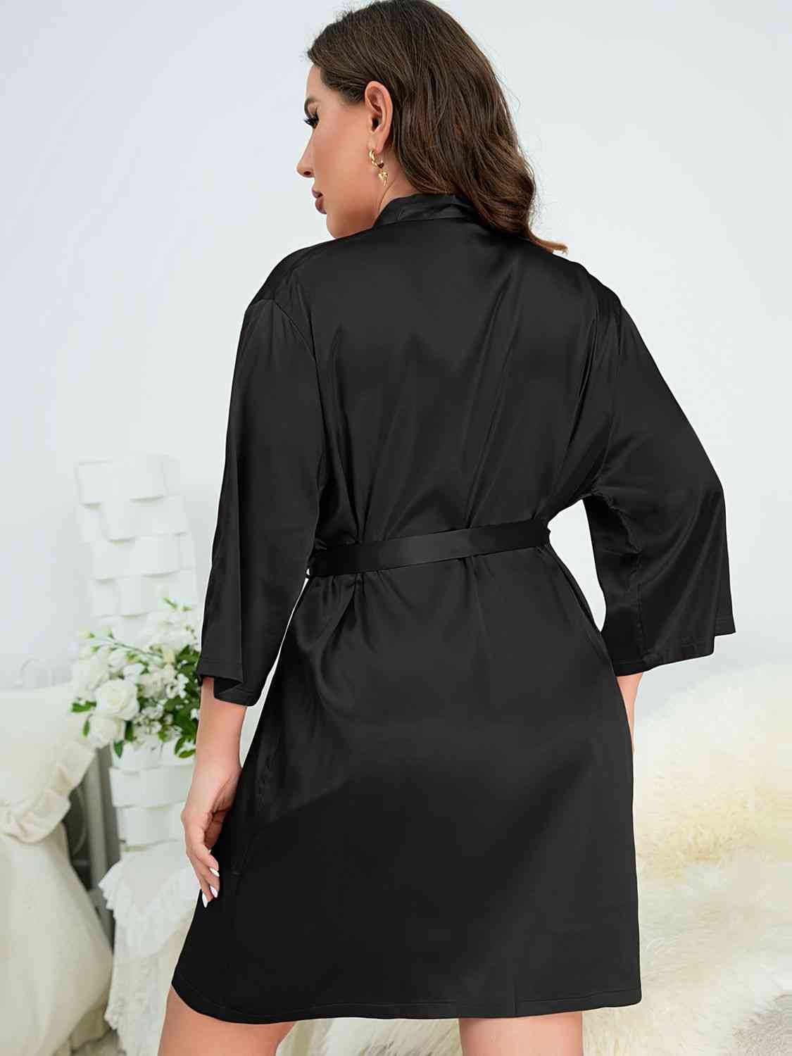 Full Size Surplice Neck Tie Waist Robe