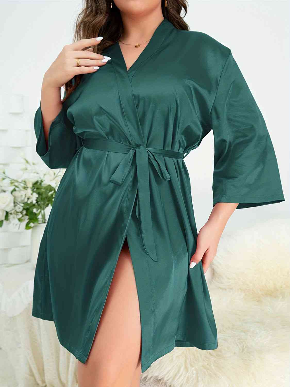 Full Size Surplice Neck Tie Waist Robe