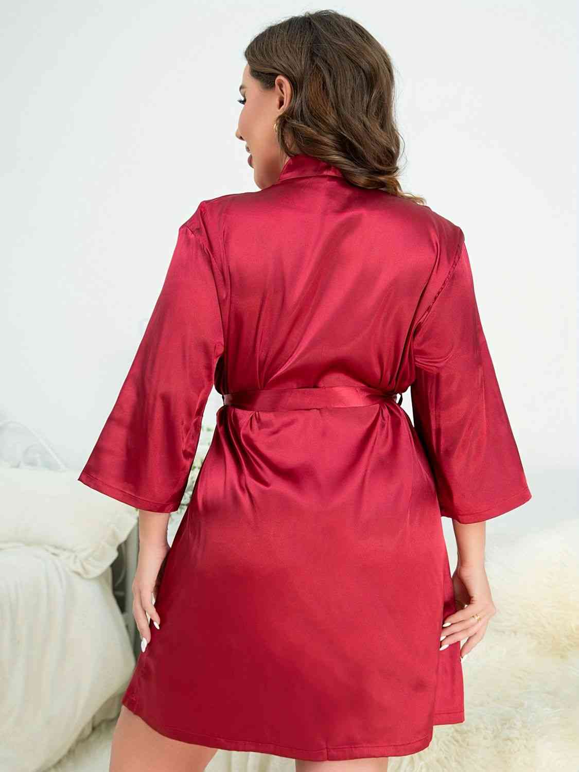 Full Size Surplice Neck Tie Waist Robe