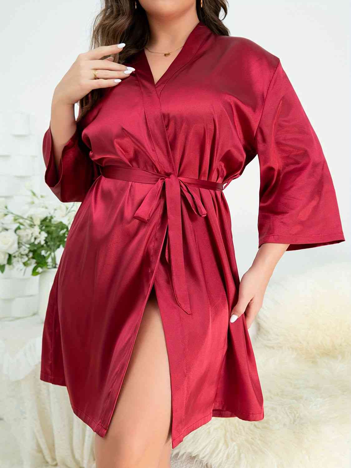 Full Size Surplice Neck Tie Waist Robe