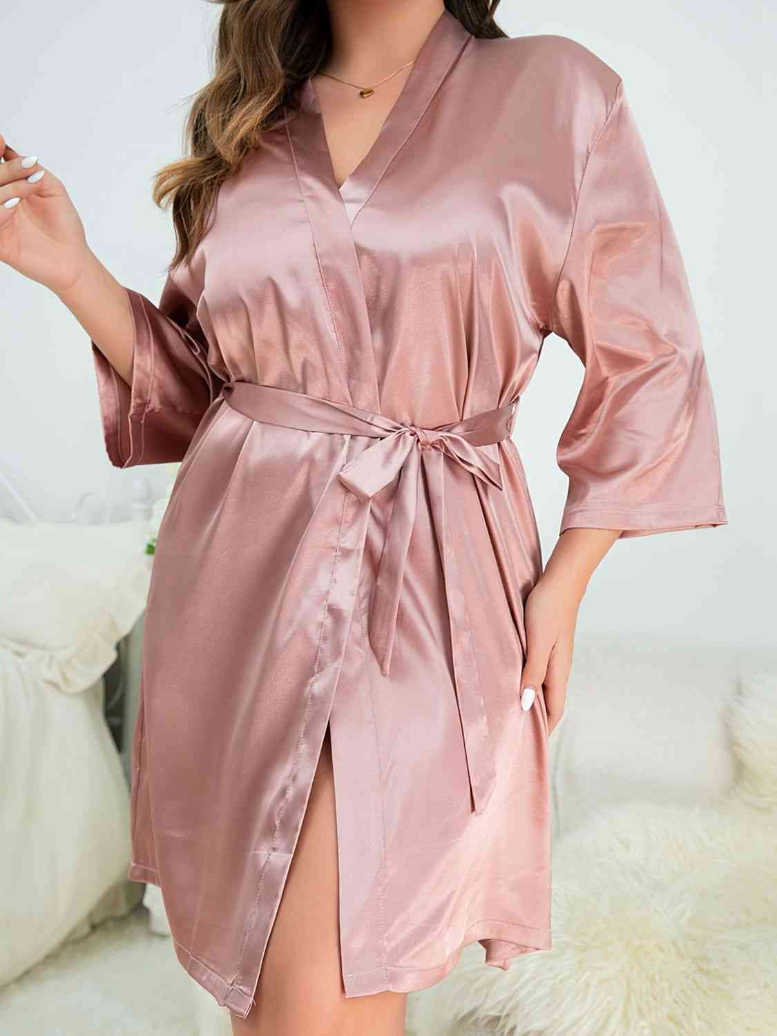 Full Size Surplice Neck Tie Waist Robe