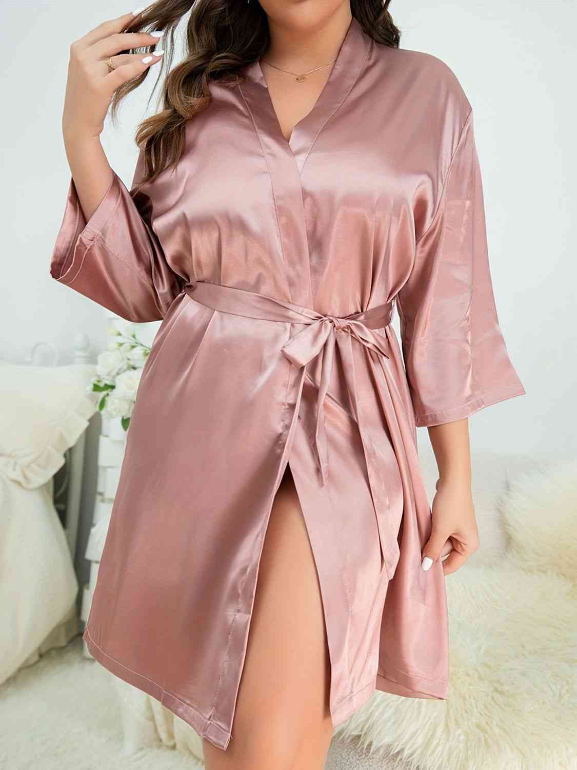 Full Size Surplice Neck Tie Waist Robe