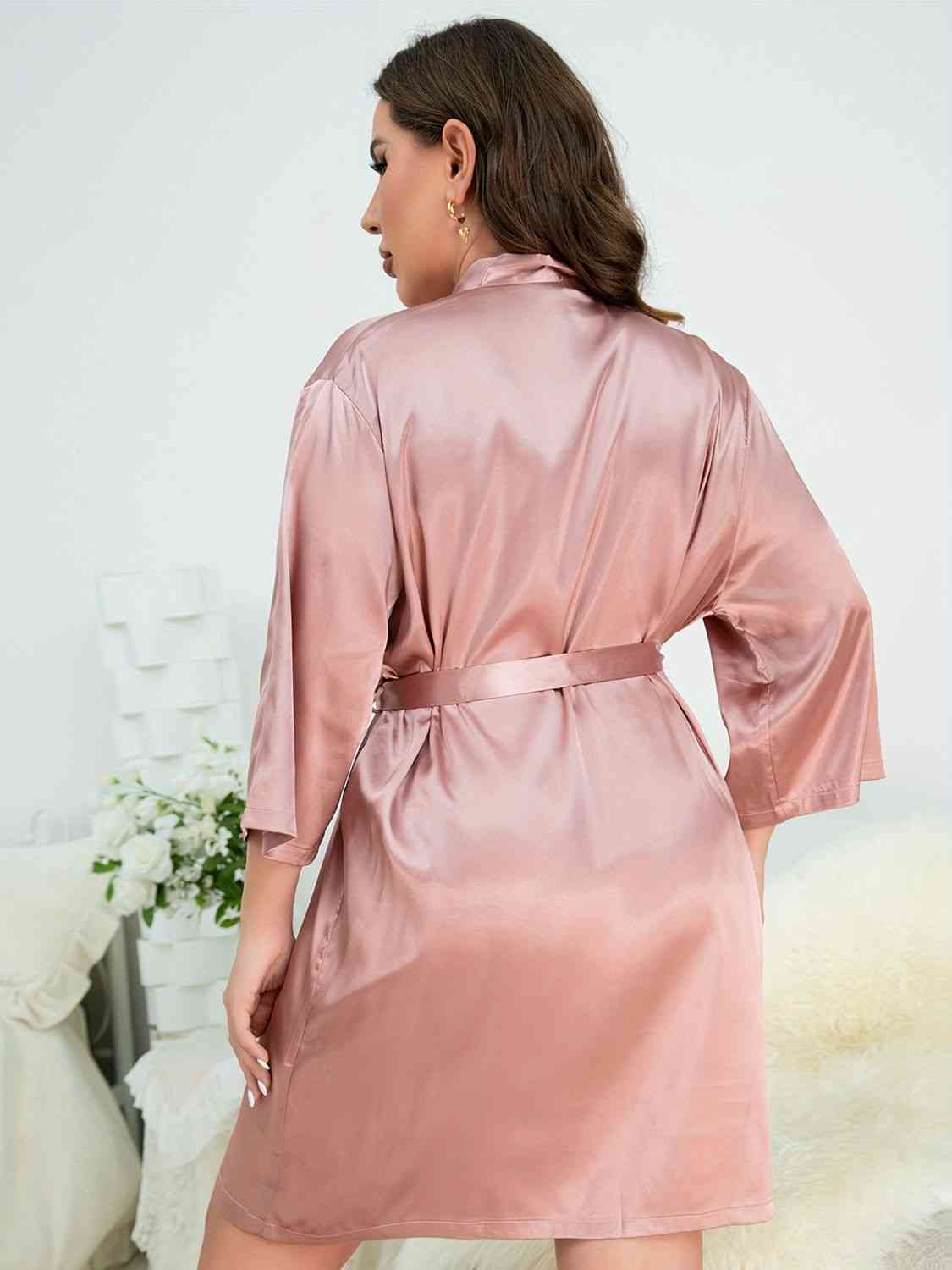 Full Size Surplice Neck Tie Waist Robe