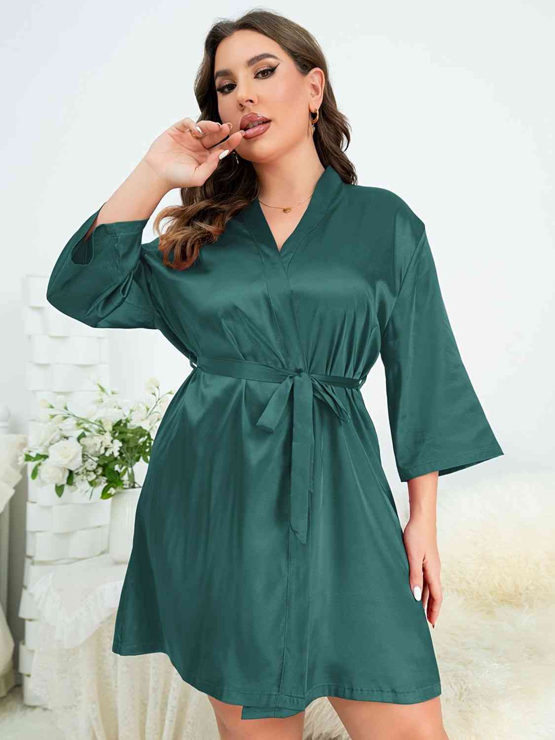 Full Size Surplice Neck Tie Waist Robe