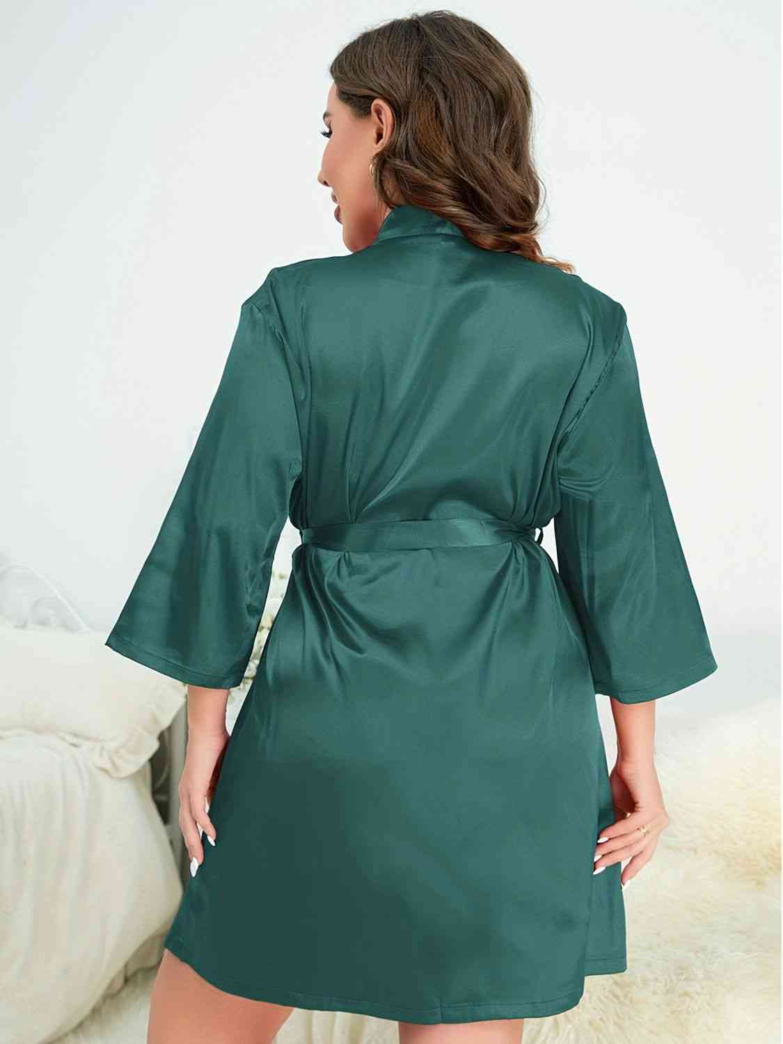 Full Size Surplice Neck Tie Waist Robe