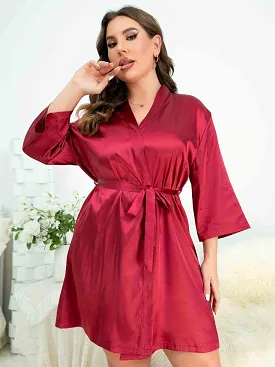 Full Size Surplice Neck Tie Waist Robe