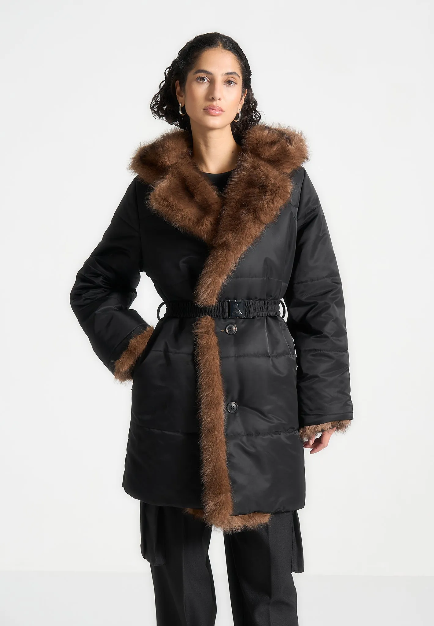 Fur Longline Belted Coat - Black