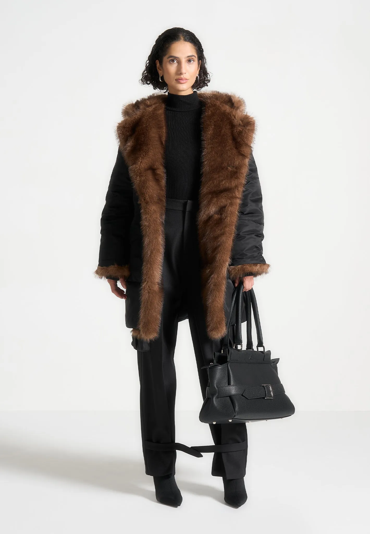 Fur Longline Belted Coat - Black