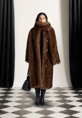 Fur Oversized Coat with Scarf - Brown