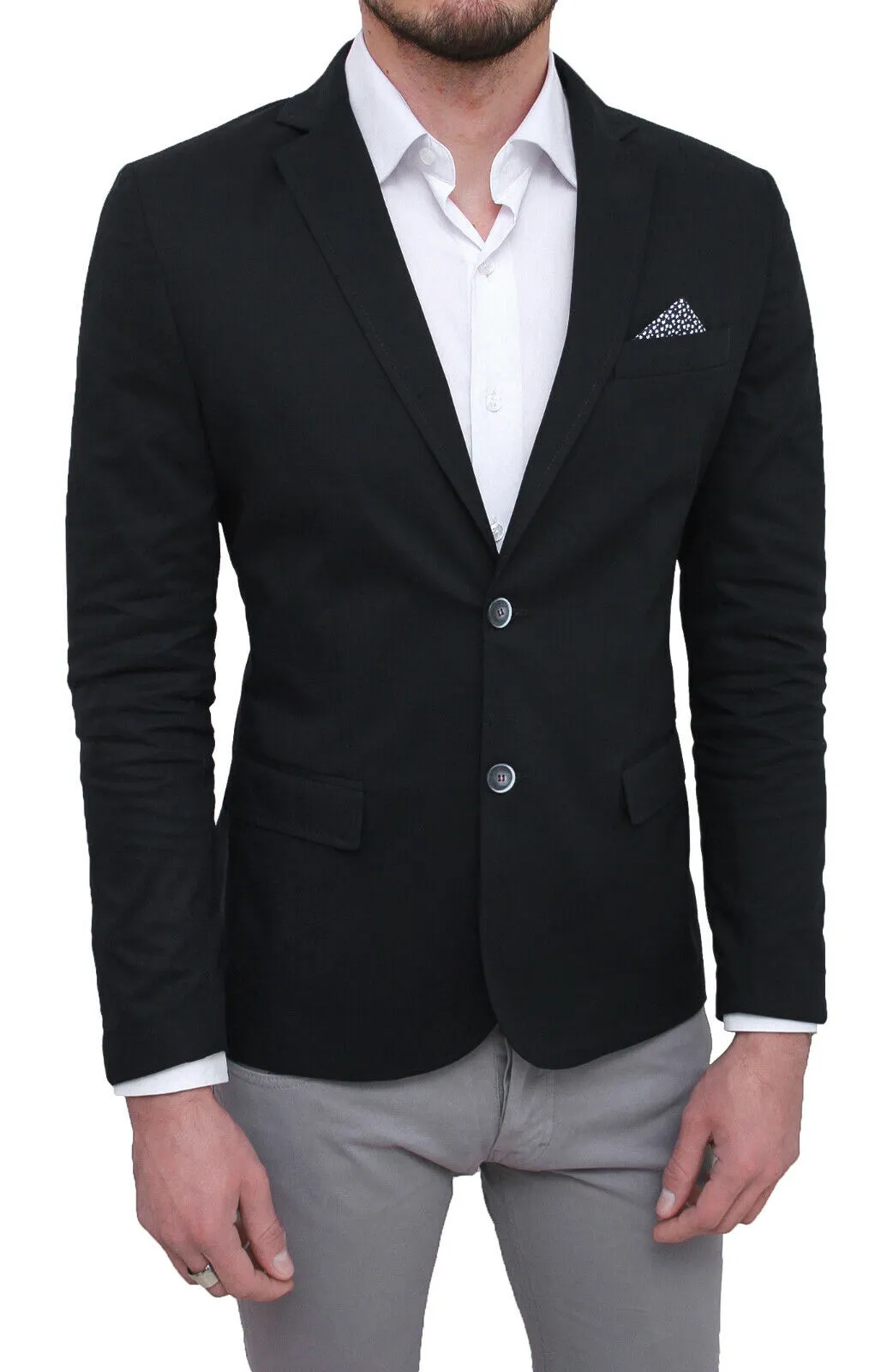 Giacca uomo elegante nero slim fit blazer cerimonia con pochette da taschino