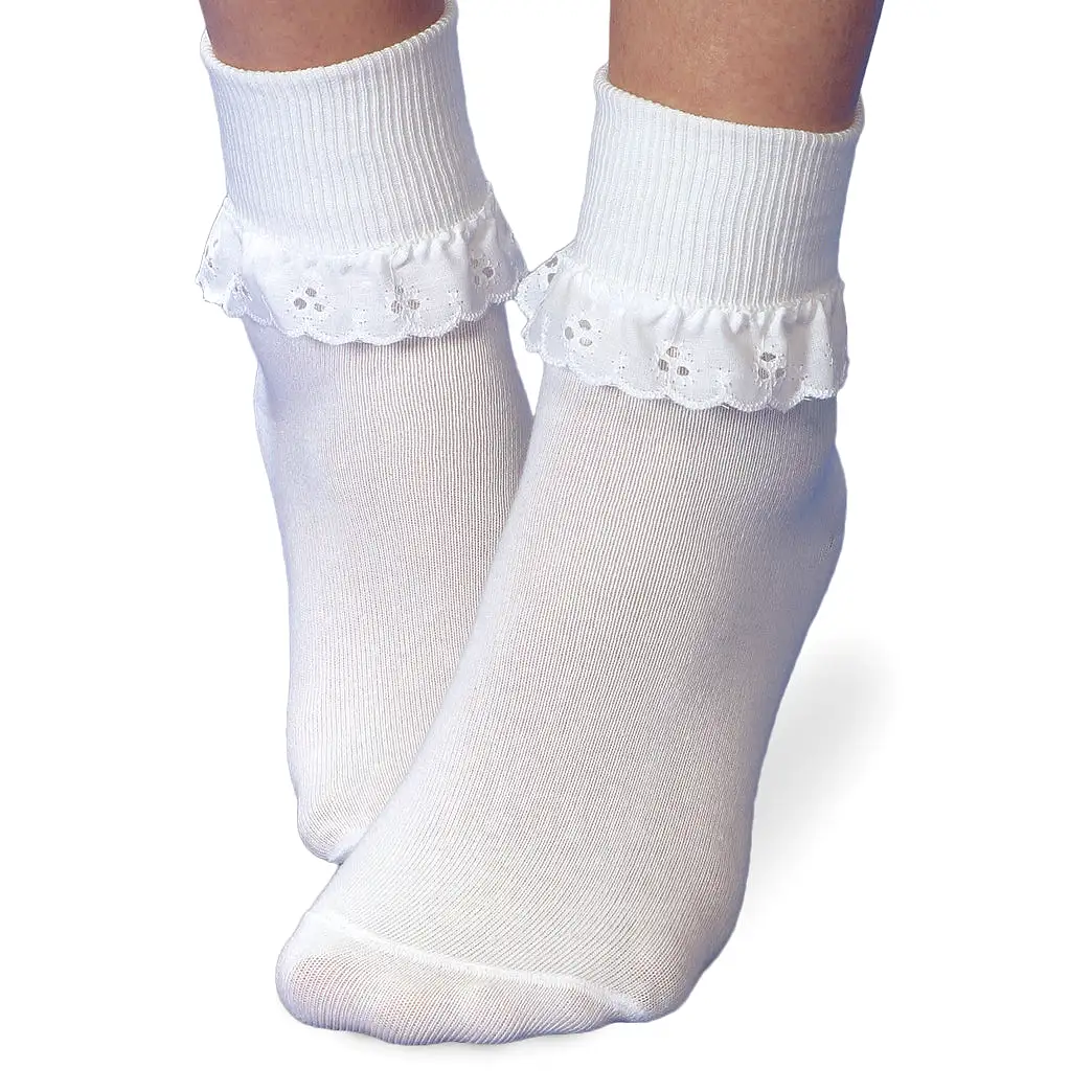 Girls White Eyelet Lace Cuff Ankle Socks