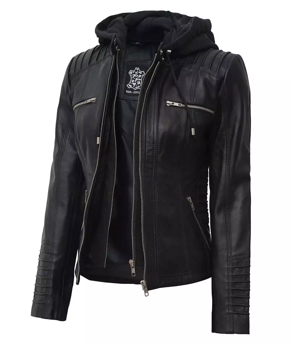 Helen Womens Petite Black Leather Jacket with Removable Hood