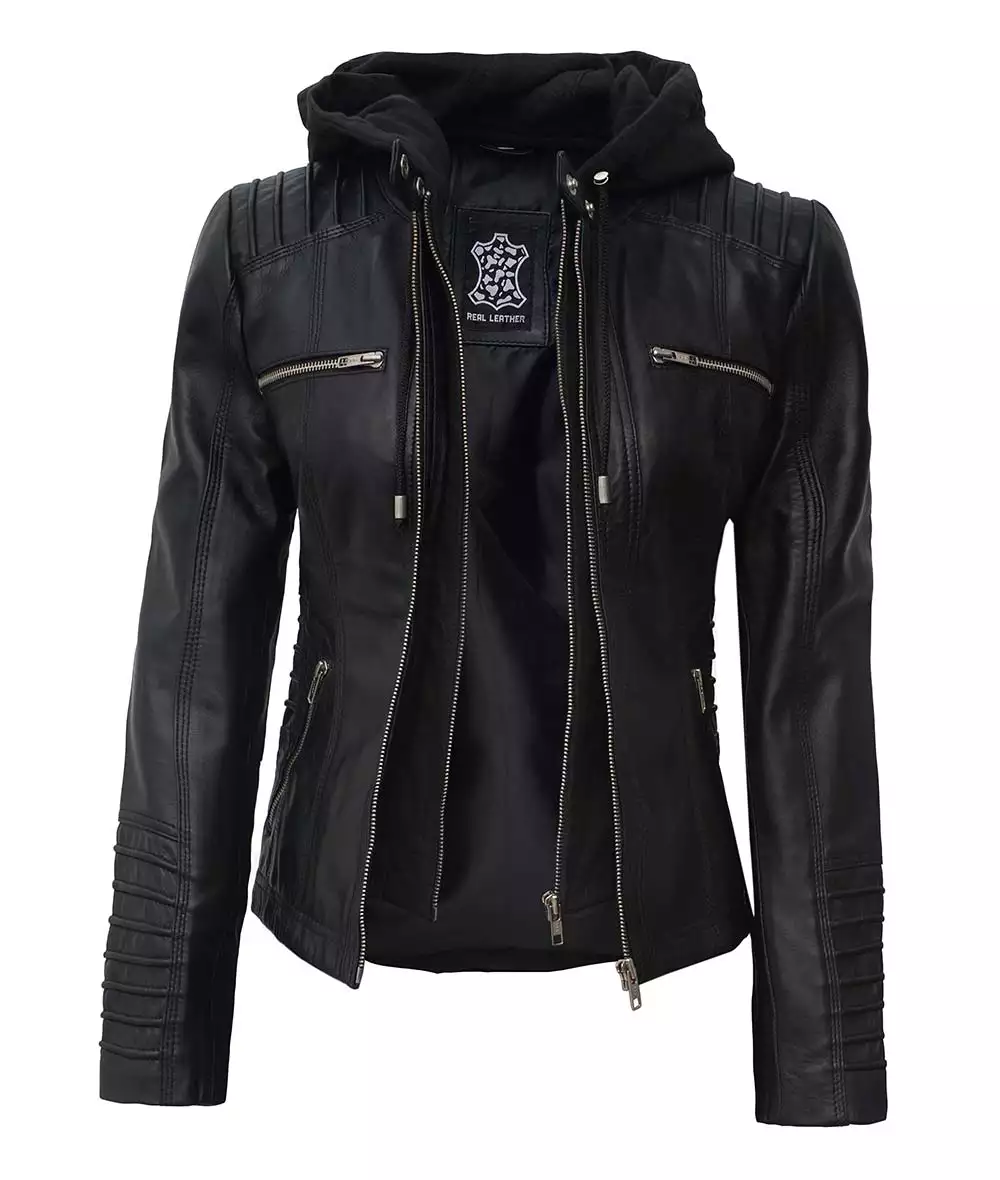 Helen Womens Petite Black Leather Jacket with Removable Hood