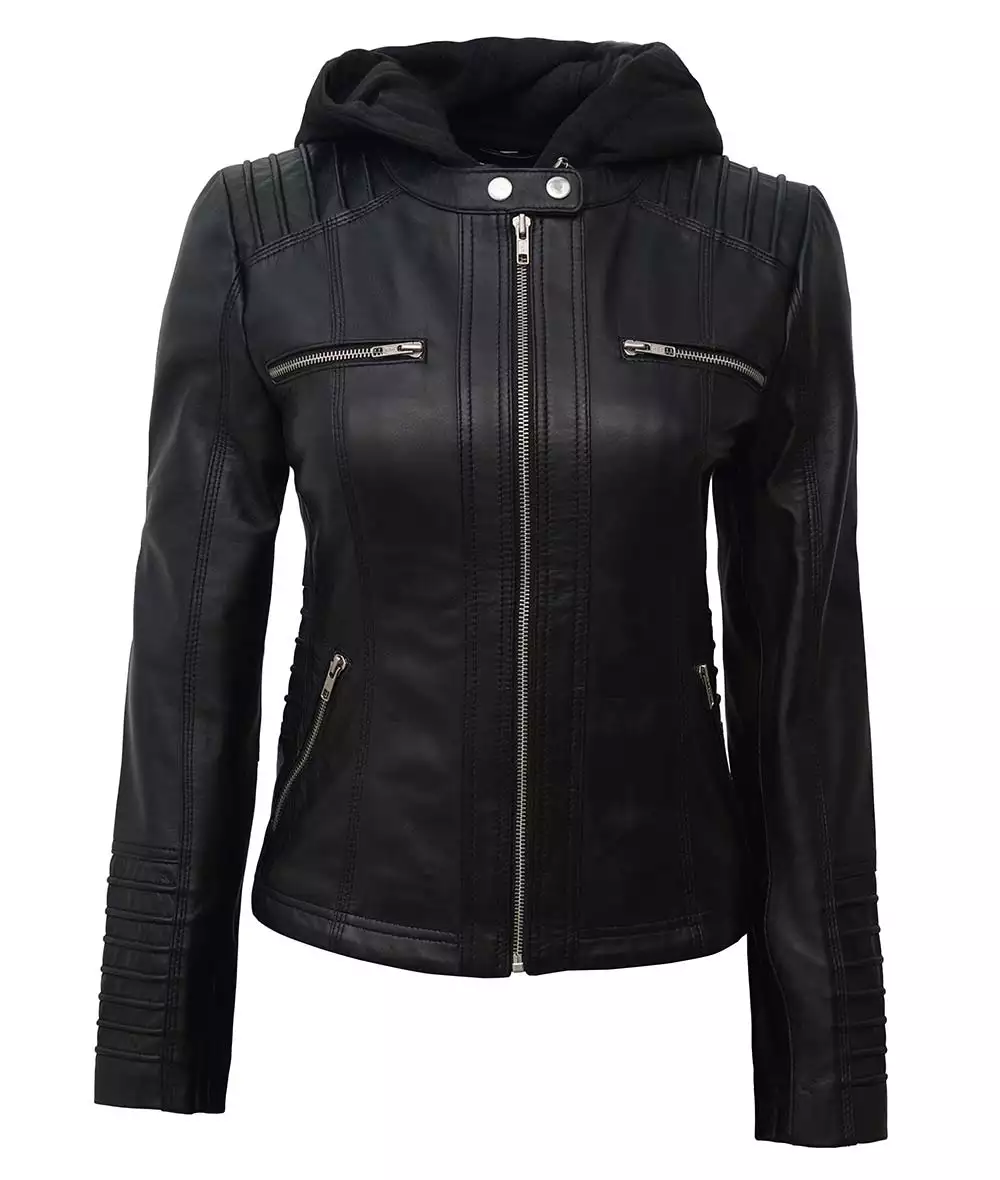 Helen Womens Petite Black Leather Jacket with Removable Hood