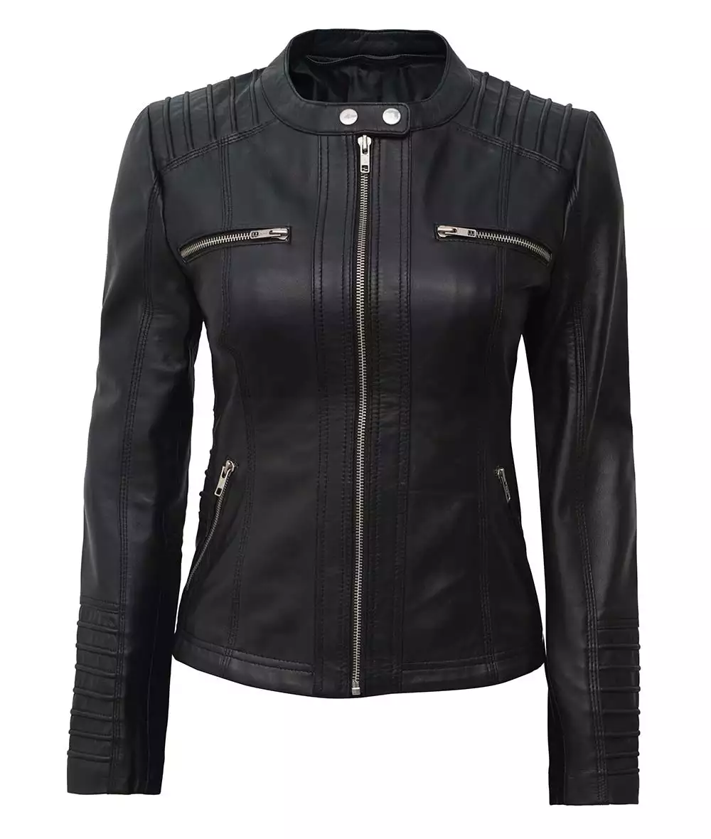 Helen Womens Petite Black Leather Jacket with Removable Hood