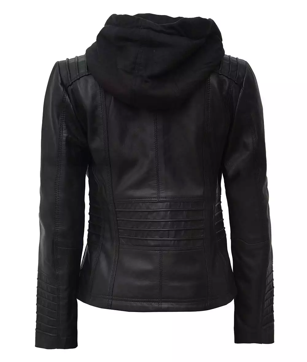 Helen Womens Petite Black Leather Jacket with Removable Hood