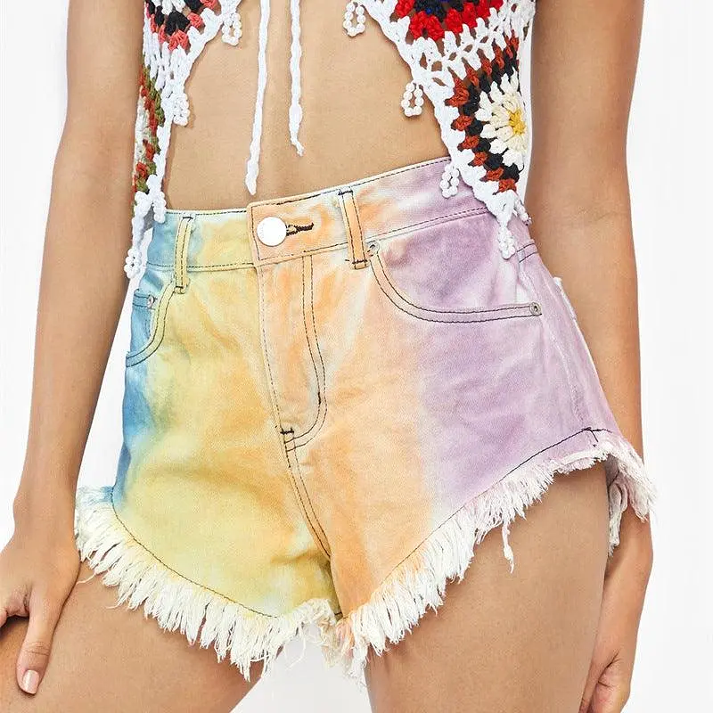 High Waist Fringed Color Tie Dye Denim Shorts