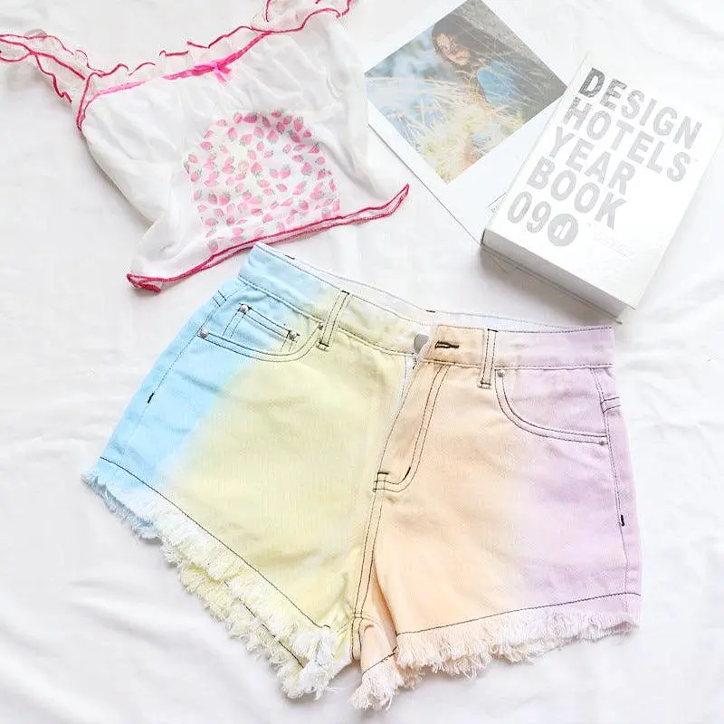 High Waist Fringed Color Tie Dye Denim Shorts