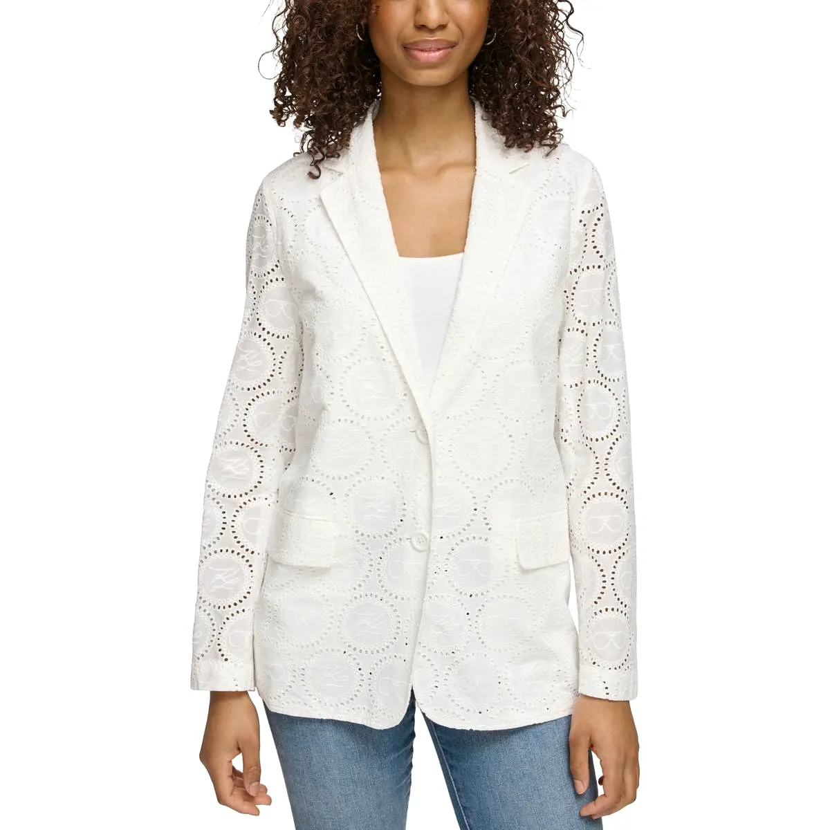 Karl Lagerfeld Paris Womens Cotton Eyelet Two-Button Blazer