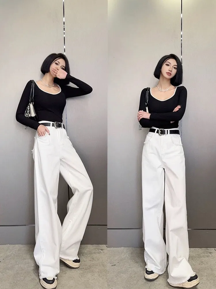 Light fabric tone tall trousers spring new style high waisted loose straight wide leg trousers white jeans for women