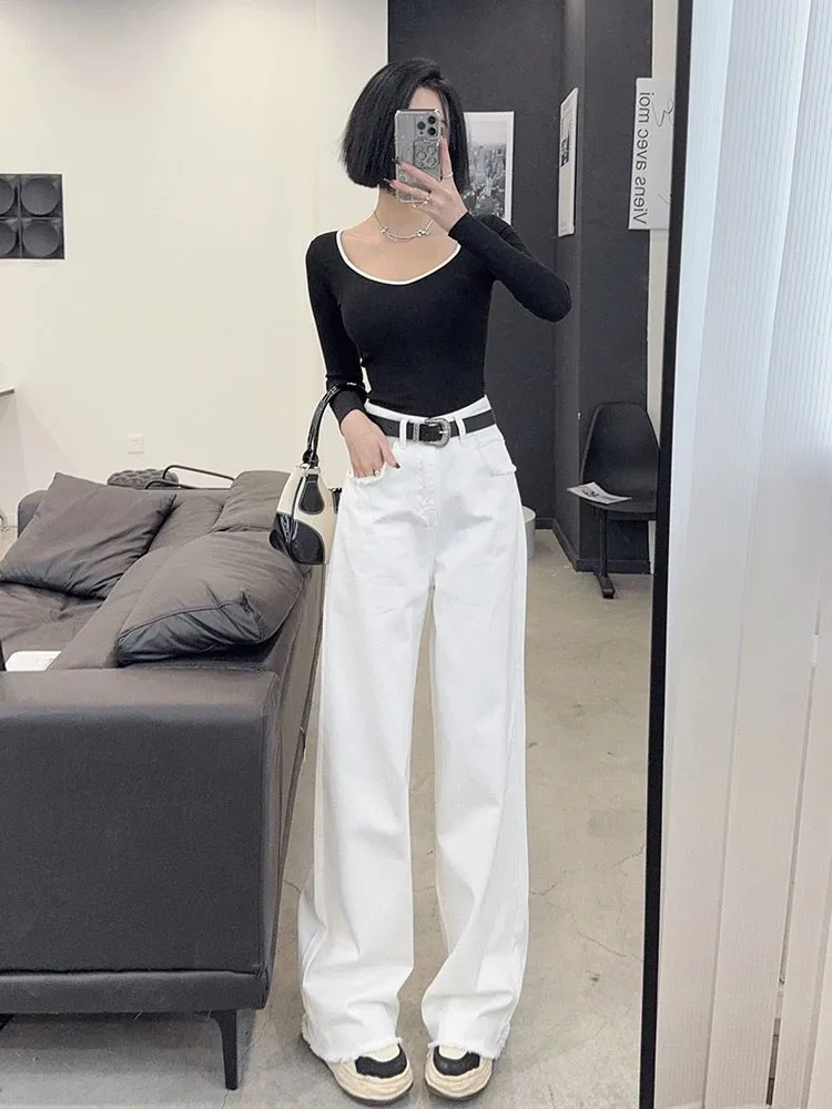 Light fabric tone tall trousers spring new style high waisted loose straight wide leg trousers white jeans for women