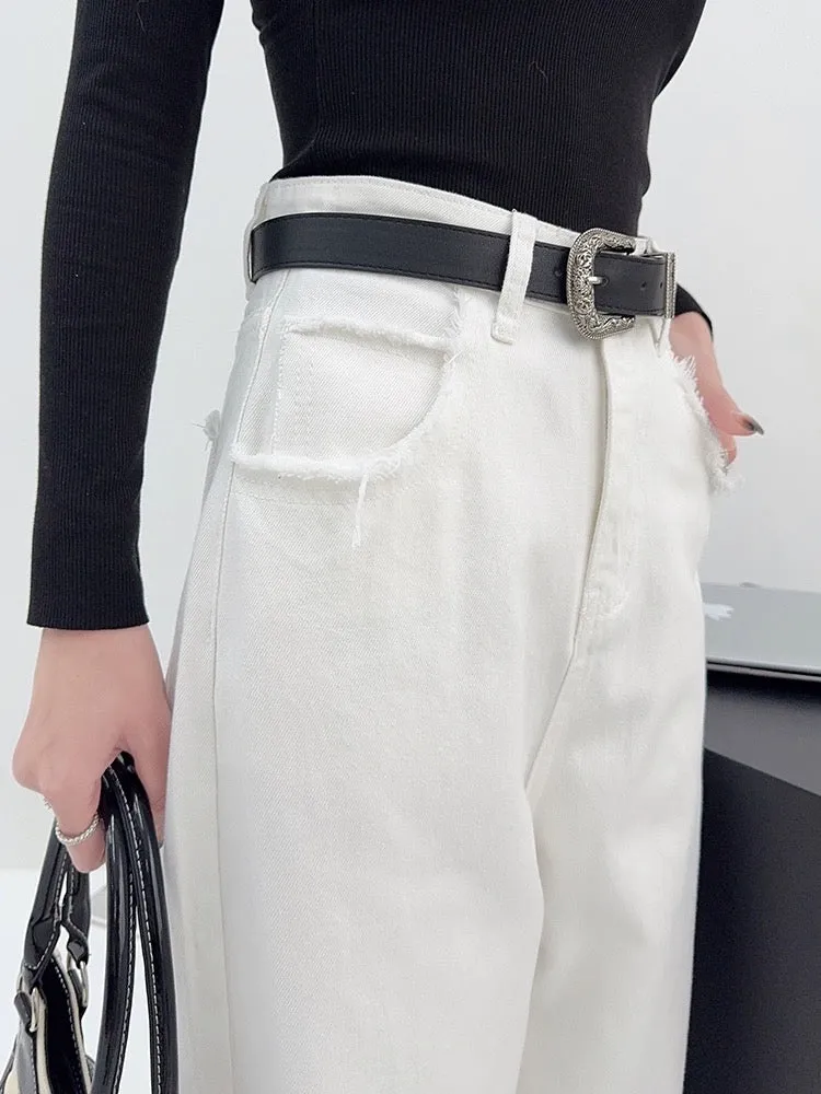 Light fabric tone tall trousers spring new style high waisted loose straight wide leg trousers white jeans for women