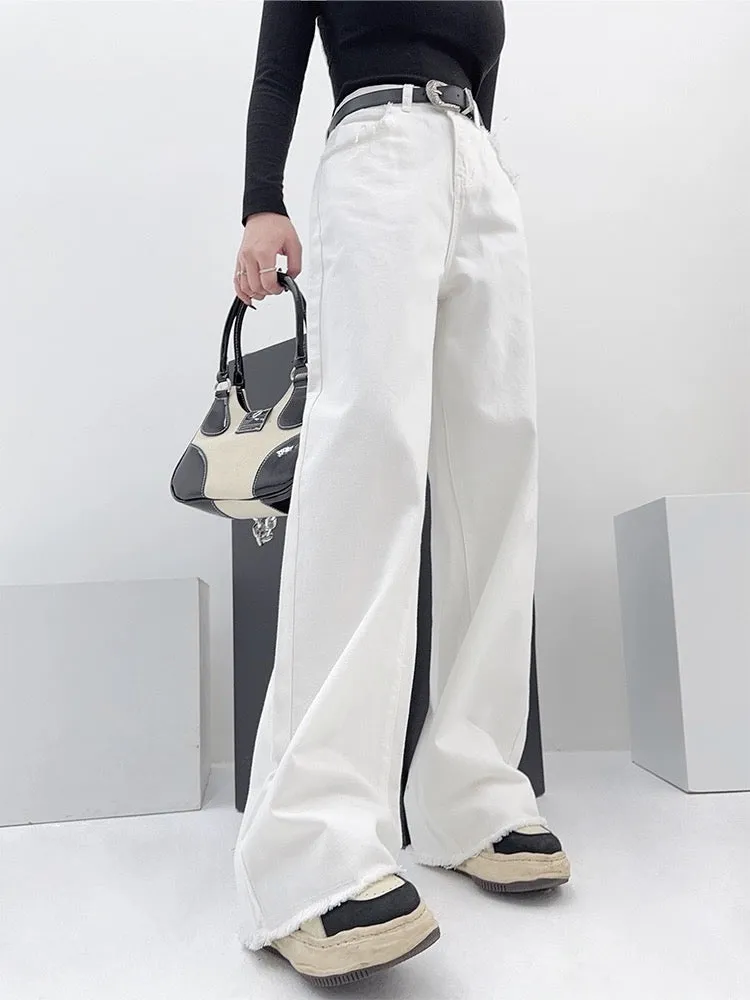 Light fabric tone tall trousers spring new style high waisted loose straight wide leg trousers white jeans for women