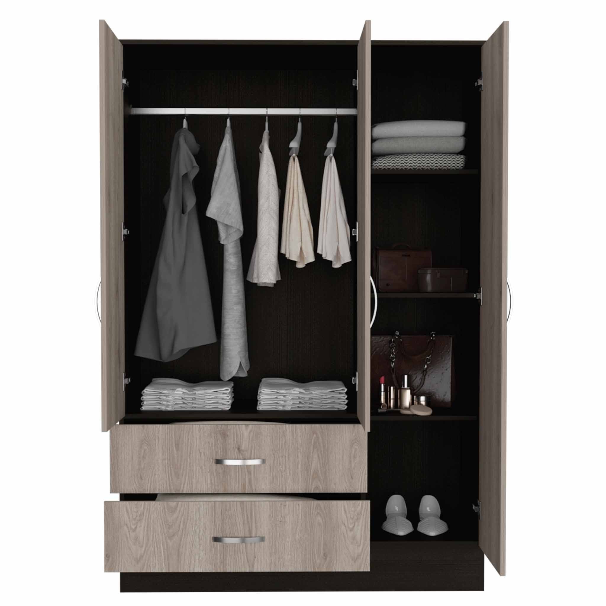 Light Oak and Black Three Door Wardrobe Closet with Mirror