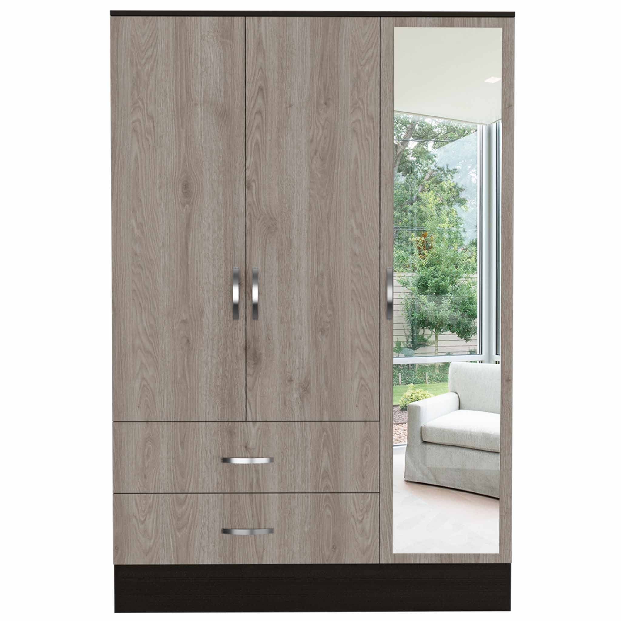 Light Oak and Black Three Door Wardrobe Closet with Mirror