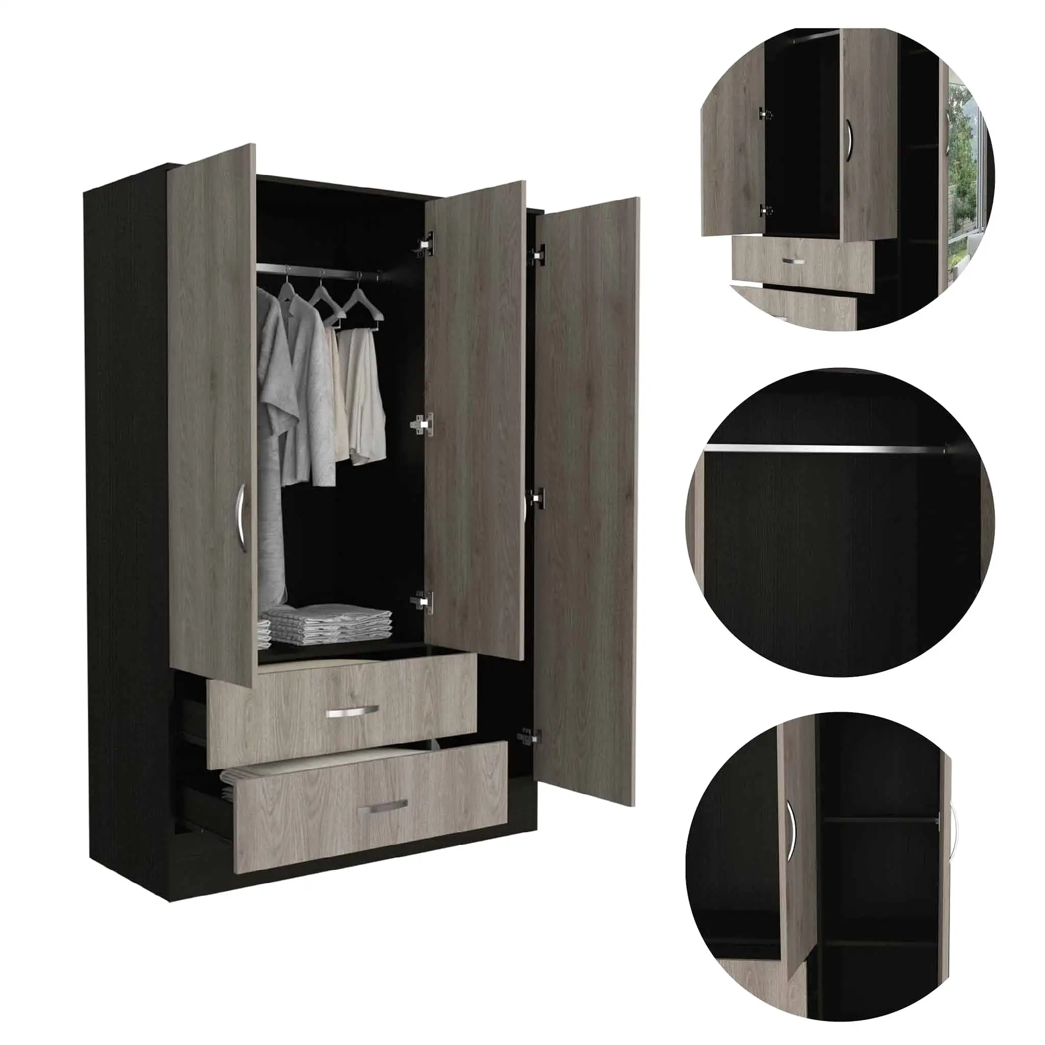 Light Oak and Black Three Door Wardrobe Closet with Mirror