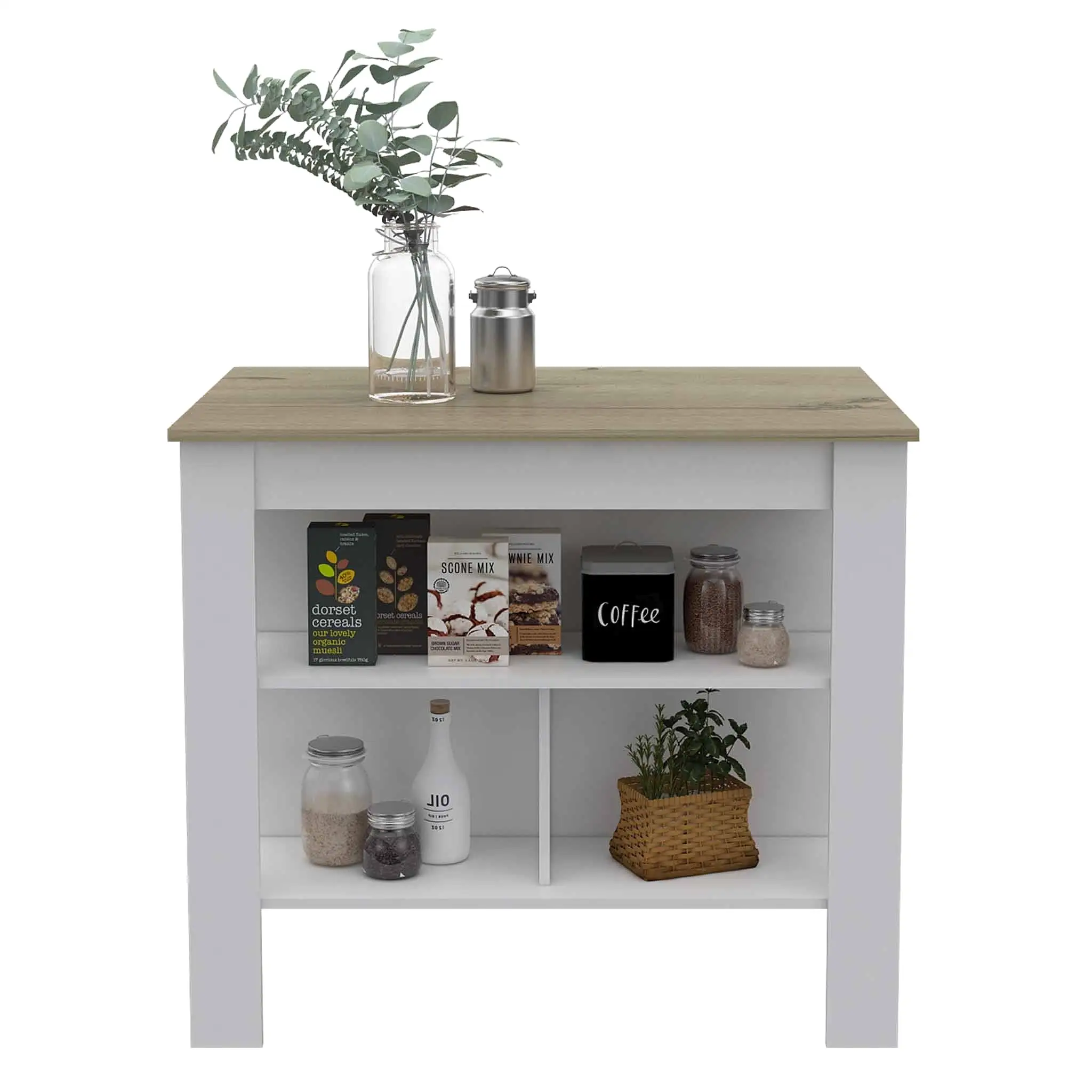 Light Oak and White Kitchen Island with Three Storage Shelves