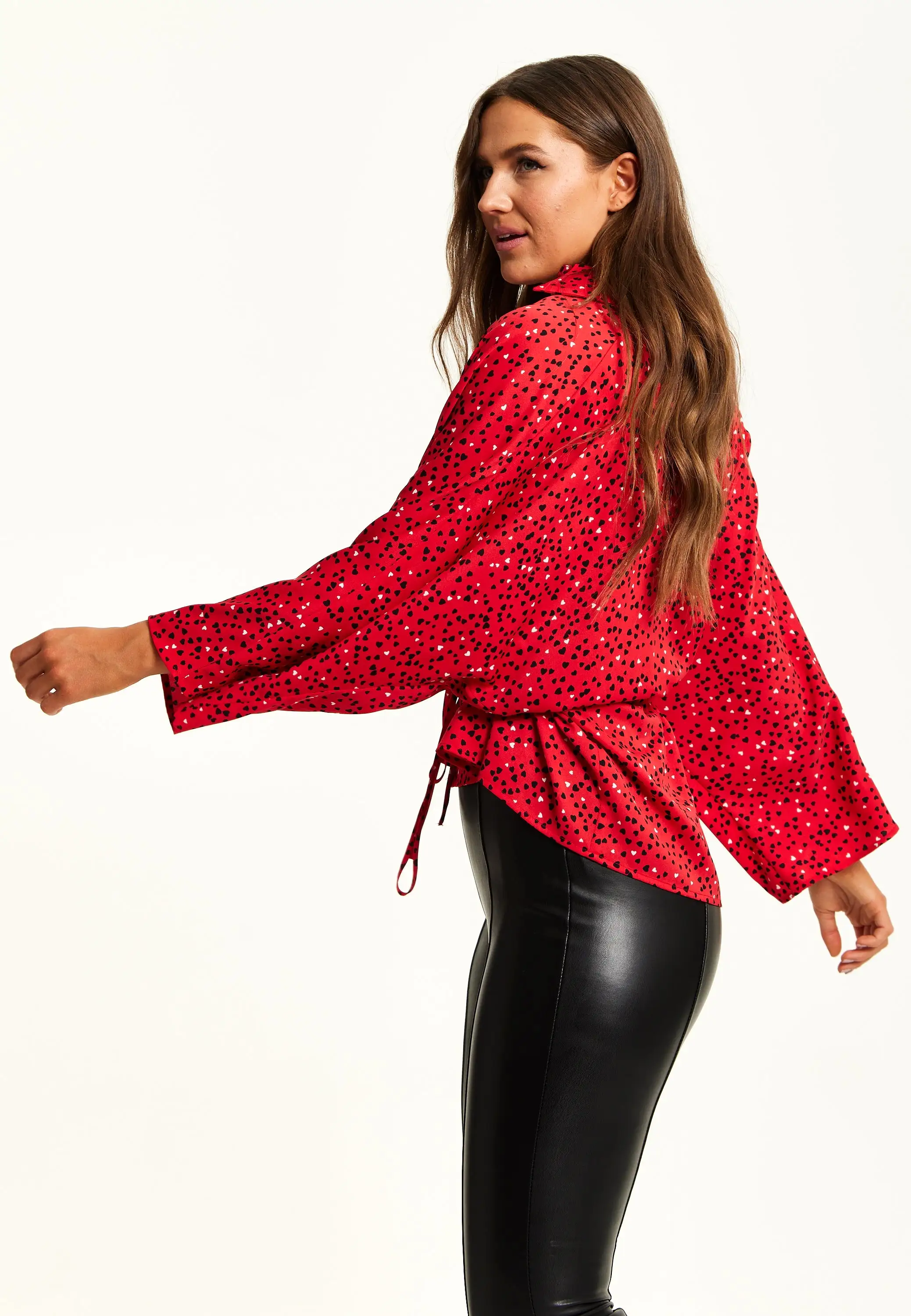 Liquorish Heart Print Shirt With Long Sleeves And Tie Waist