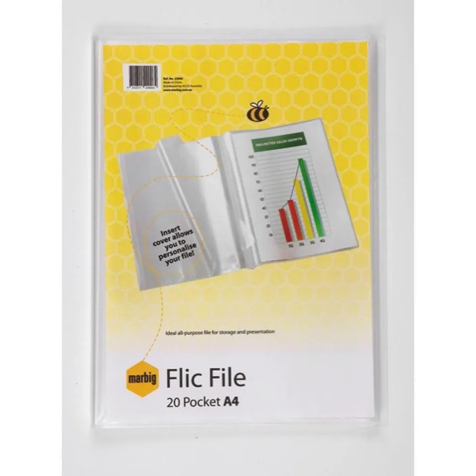 Marbig Flic File With Insert Cover 20 Pocket A4 10 Pack