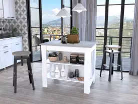 Marble and White Kitchen Island with Three Storage Shelves