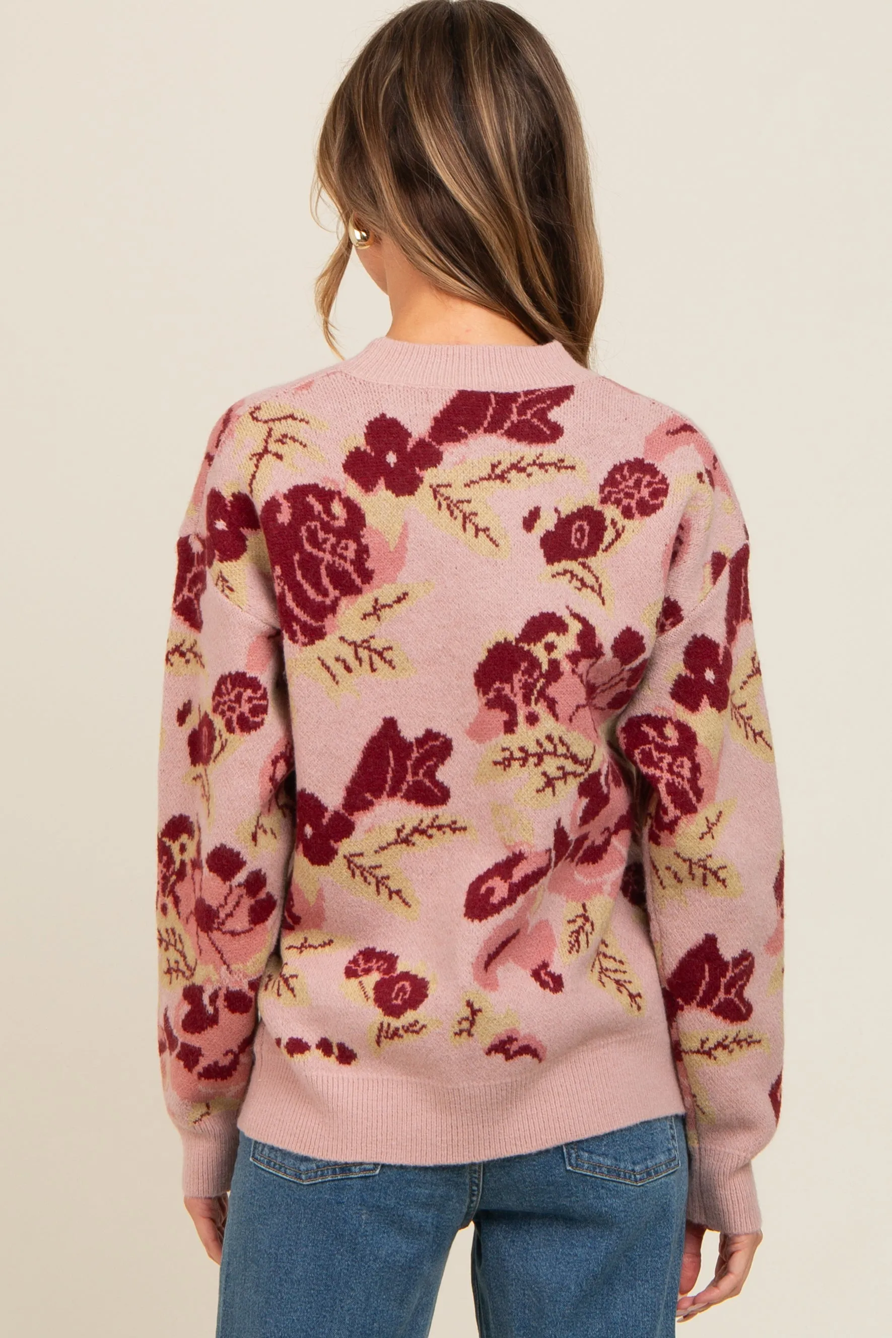 Mauve Floral Print Crew Neck Sweater