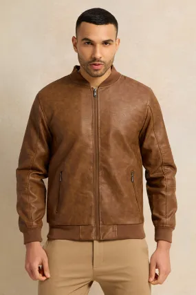 Men Brown PU Bomber Jacket