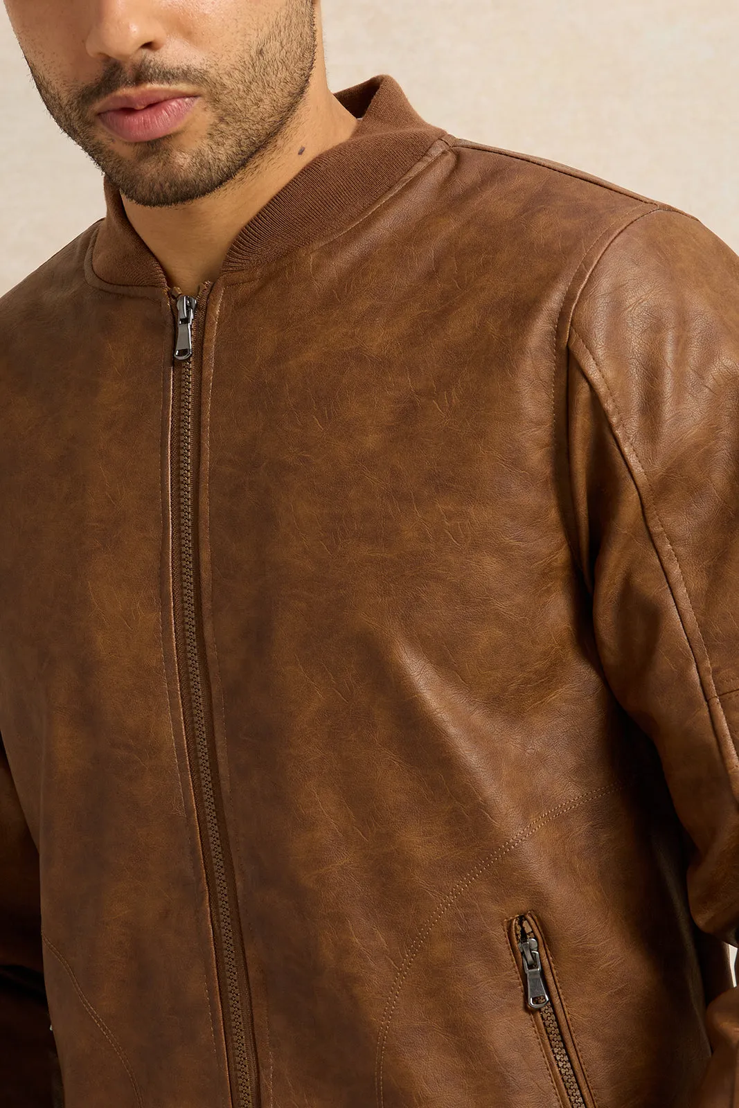 Men Brown PU Bomber Jacket