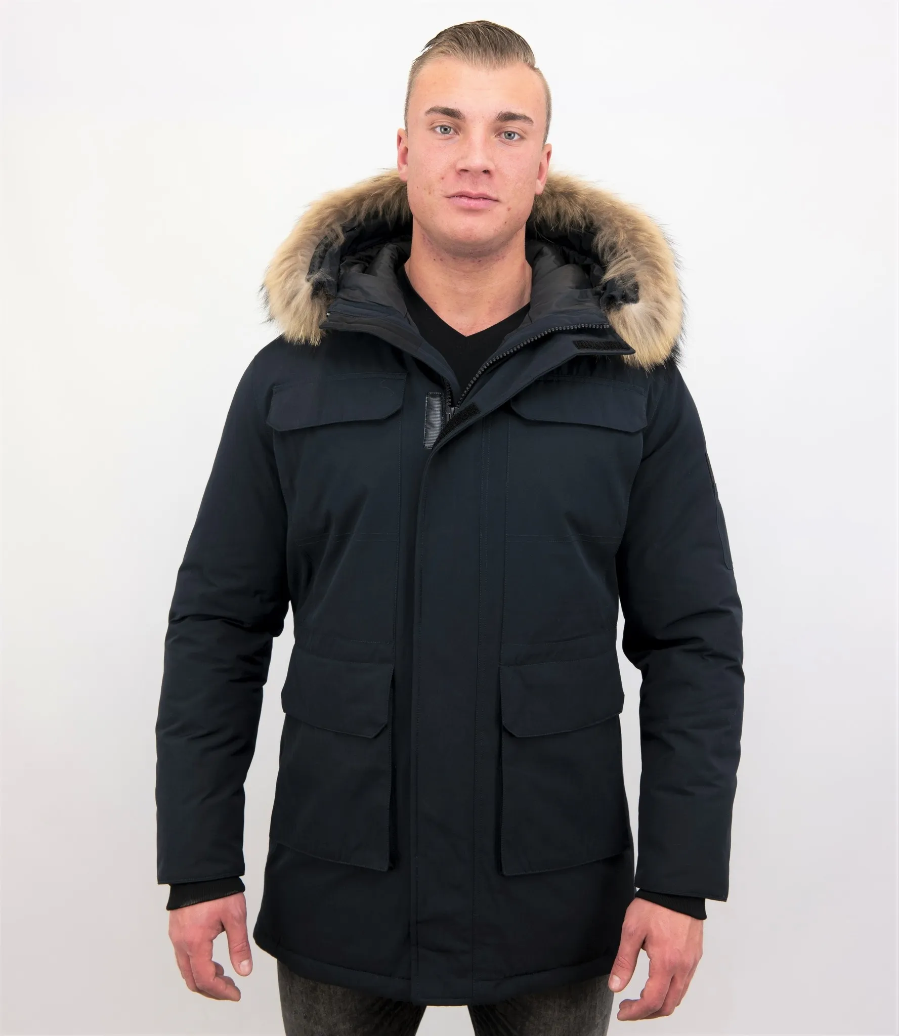 Men Parka Whiter Coat Long Blue