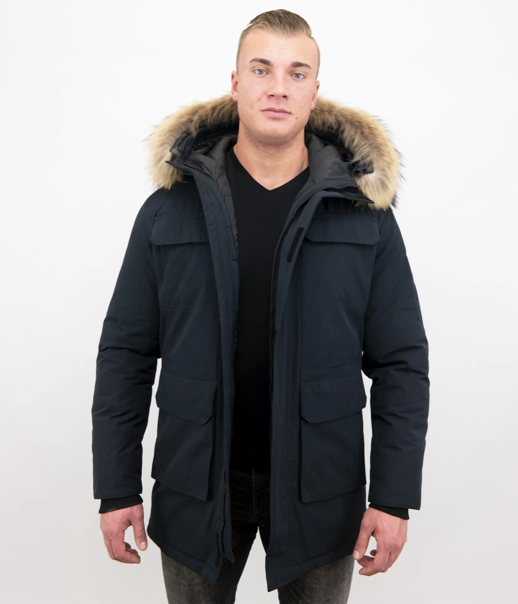 Men Parka Whiter Coat Long Blue