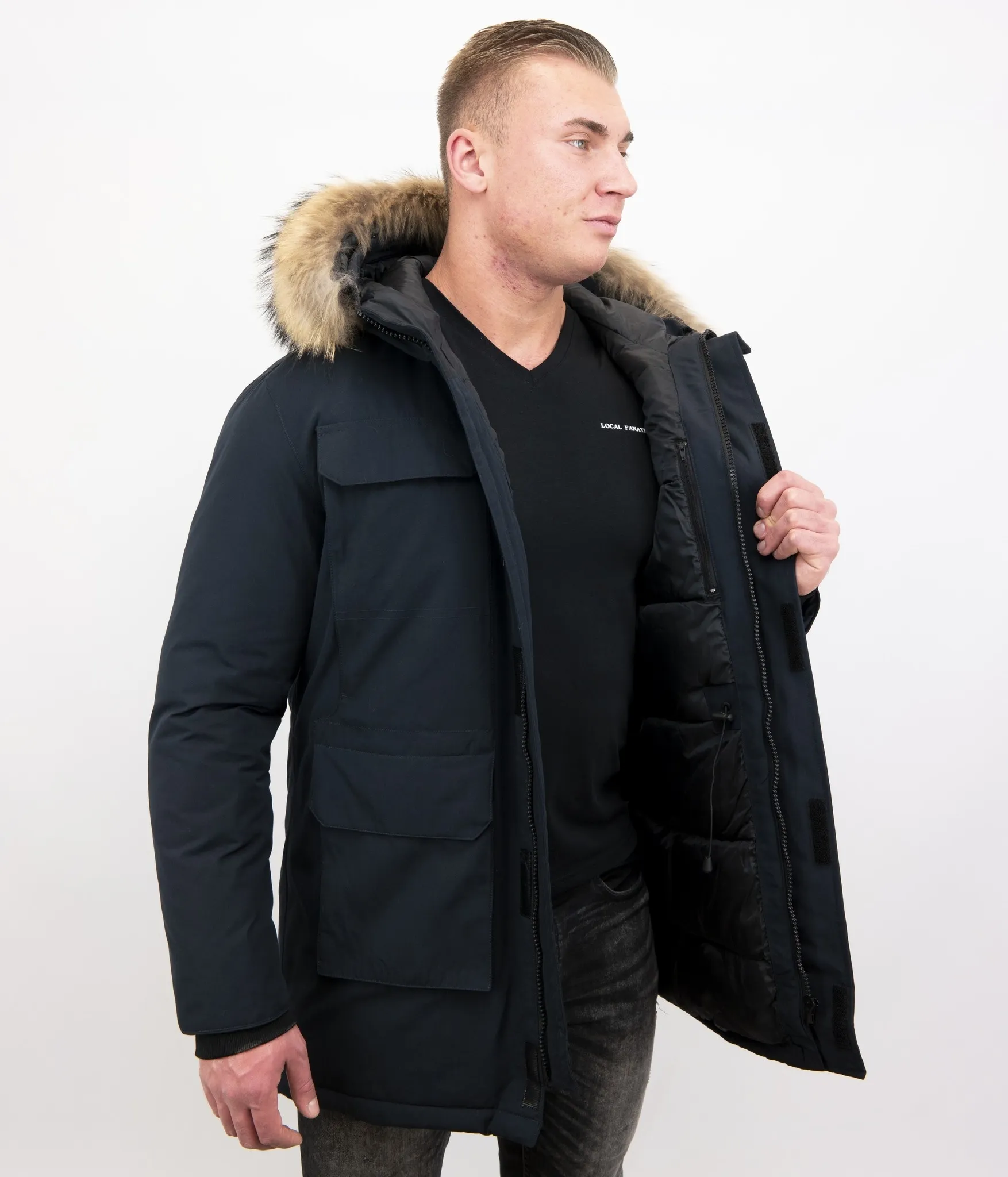 Men Parka Whiter Coat Long Blue