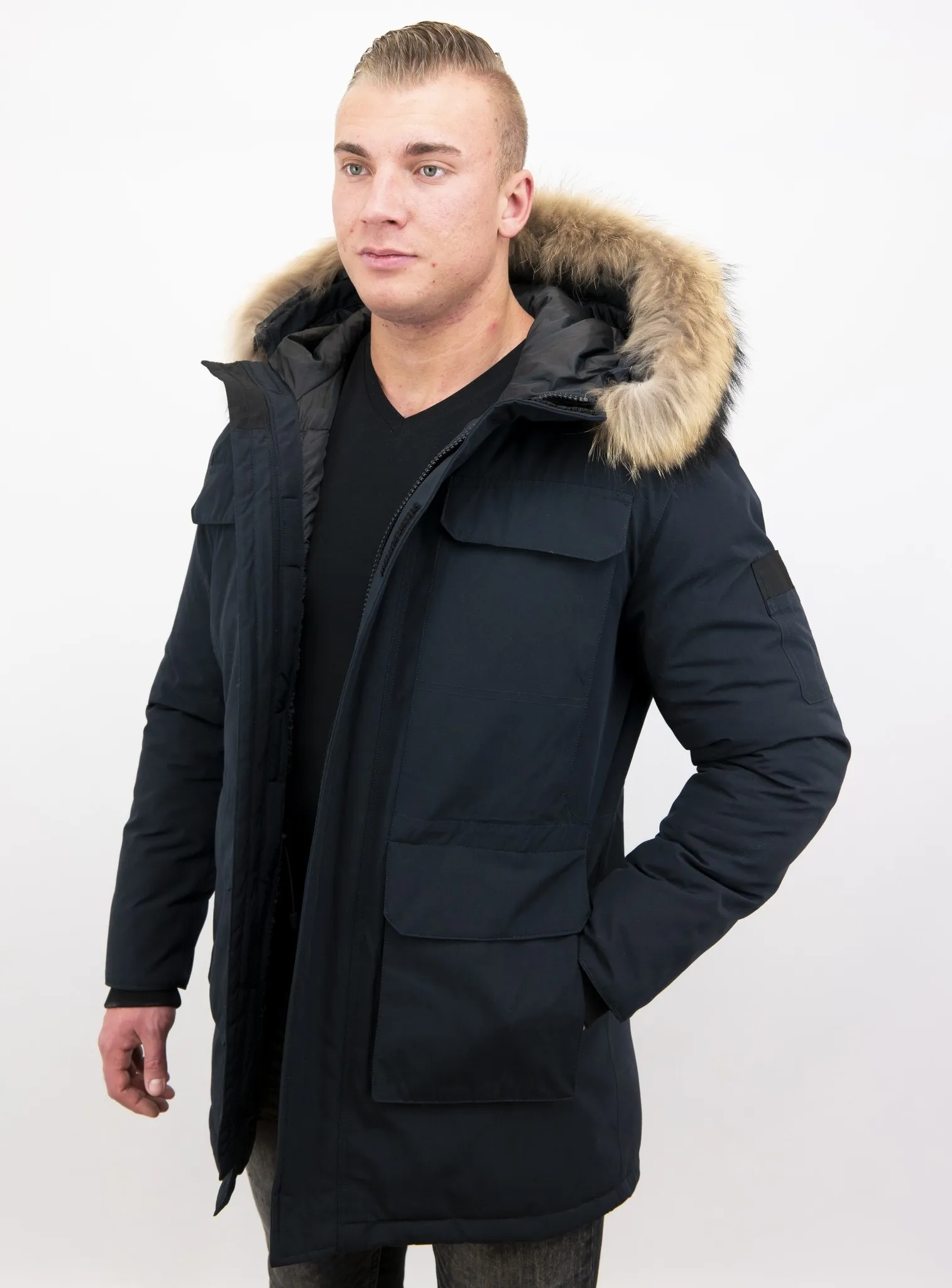 Men Parka Whiter Coat Long Blue