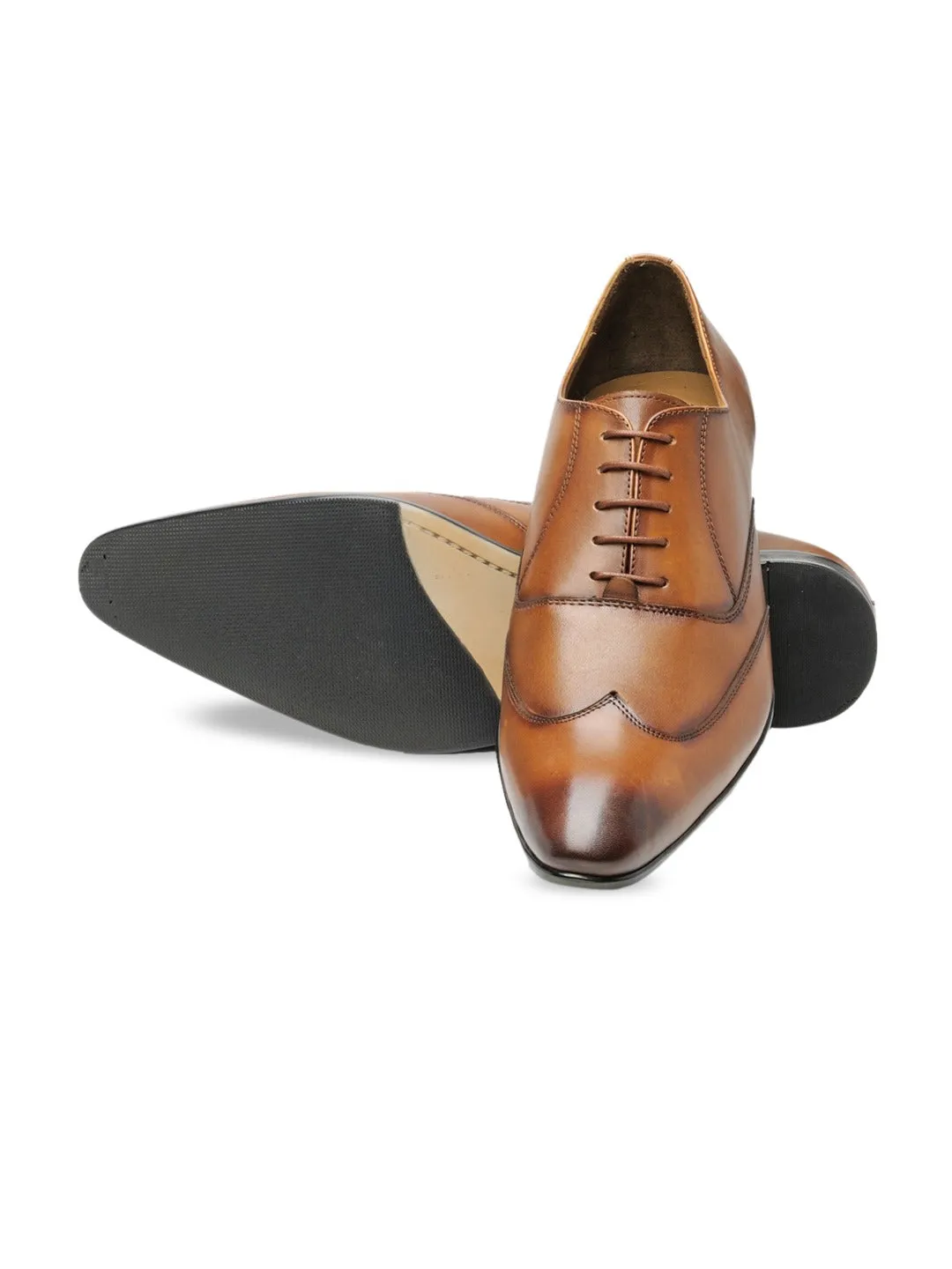 Men Tan Brown Solid Leather Round Toe Formal Oxfords