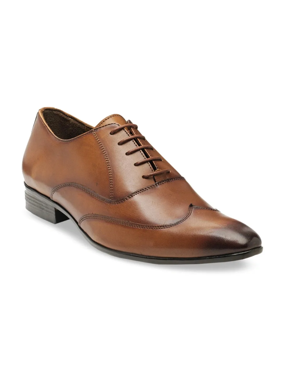 Men Tan Brown Solid Leather Round Toe Formal Oxfords