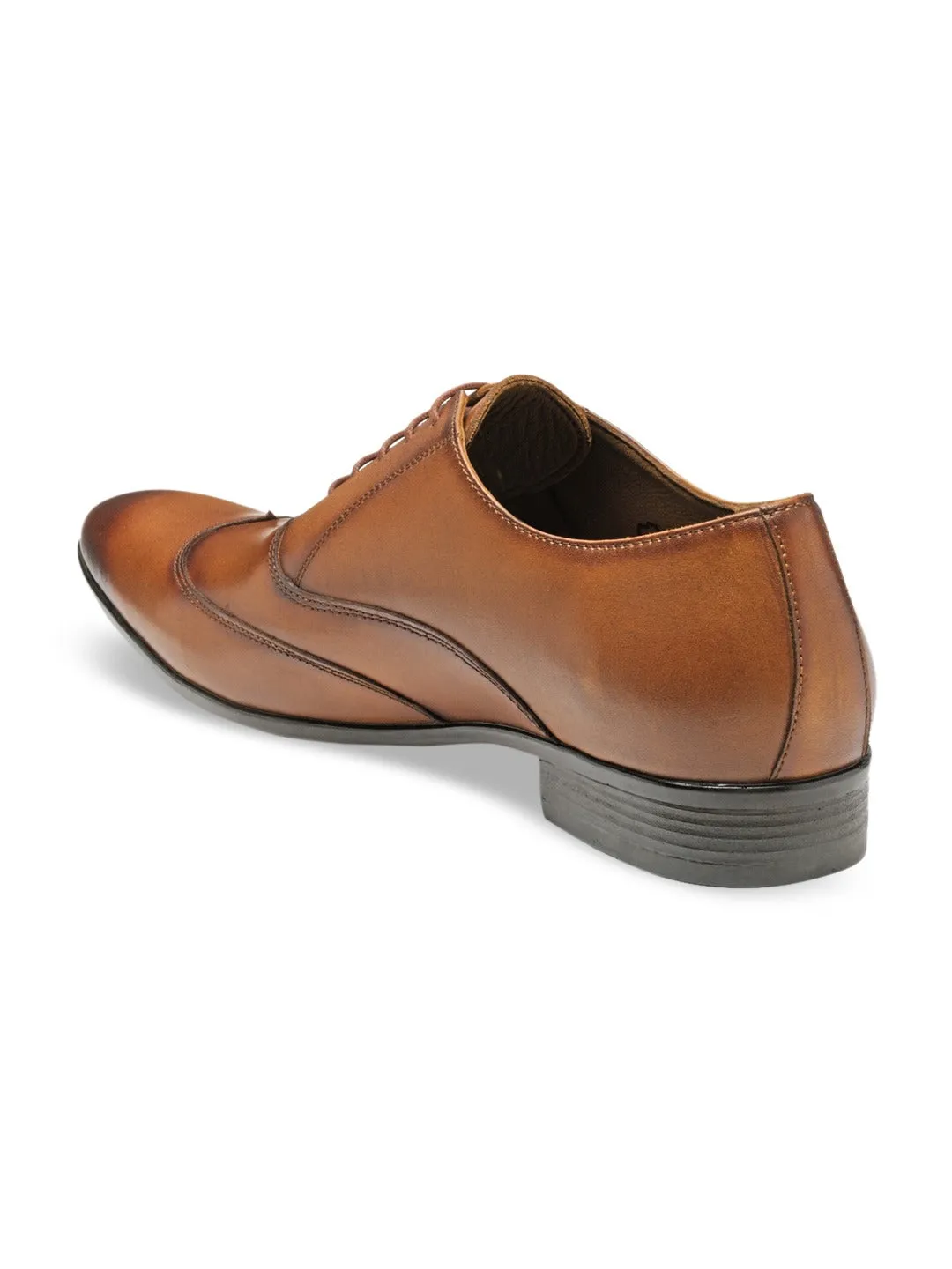 Men Tan Brown Solid Leather Round Toe Formal Oxfords