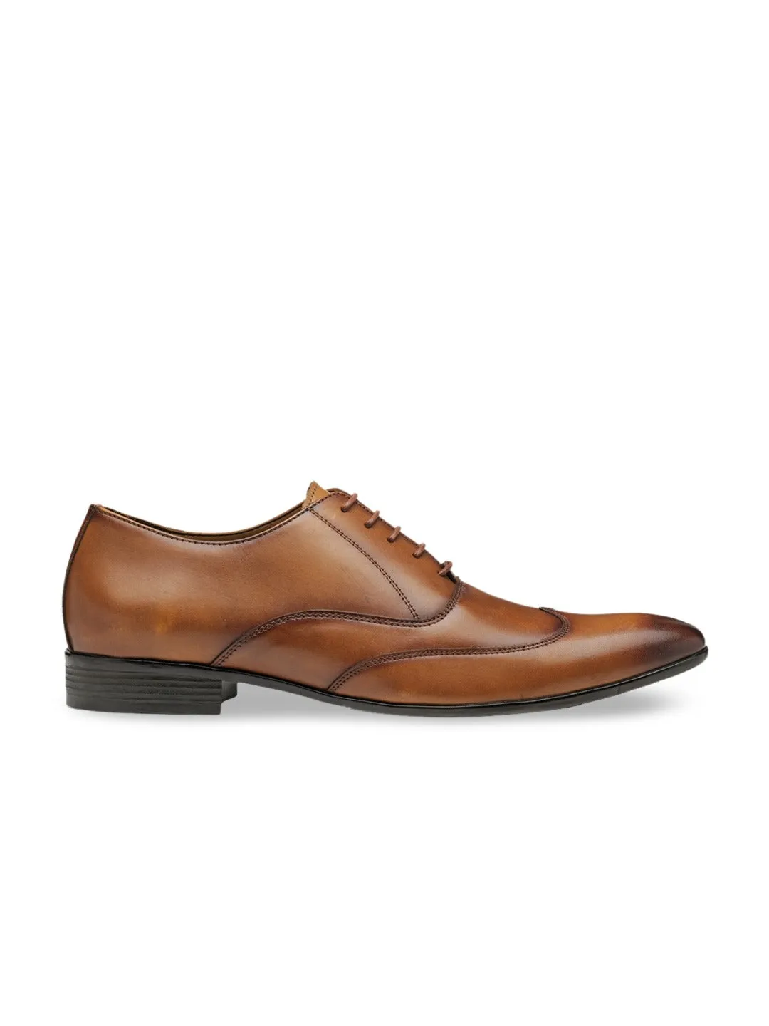 Men Tan Brown Solid Leather Round Toe Formal Oxfords